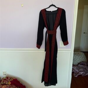 Black Maxi Cardigan Palestinian with Red Embroidered Trim